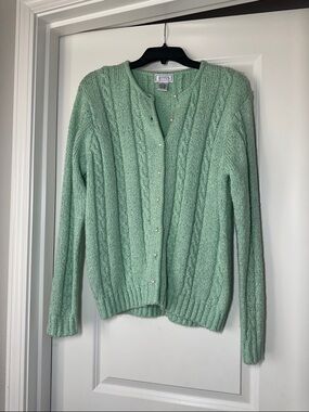 Spring Mint Cable-Knit Cardigan with Pearl Buttons